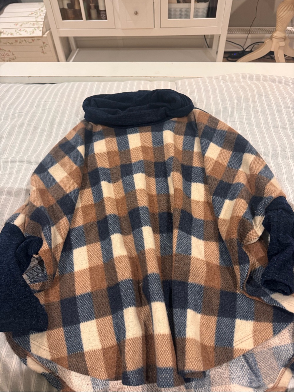 Chris & Carol Navy, Brown & Cream Plaid Turtleneck Poncho